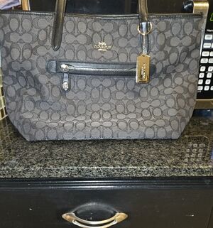 Coach Gray And Black Monogram Canvas Tote With COA